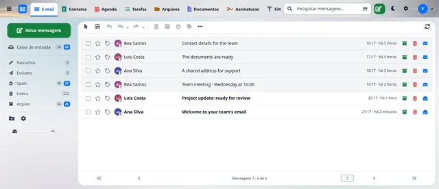 The real webmail with example team messages and shortcuts to calendar, contacts and files.