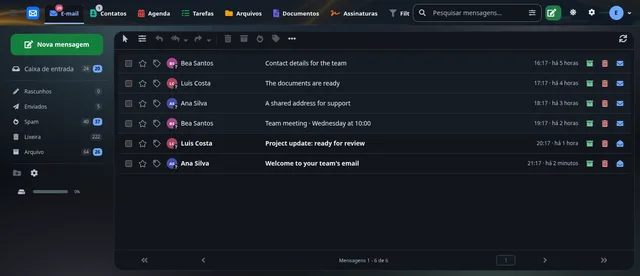 The real webmail with example team messages and shortcuts to calendar, contacts and files.